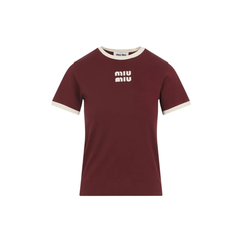 Miu Miu T-shirt Burgundy T-Shirt With Contrast Ribbed Neckline Burgundy
