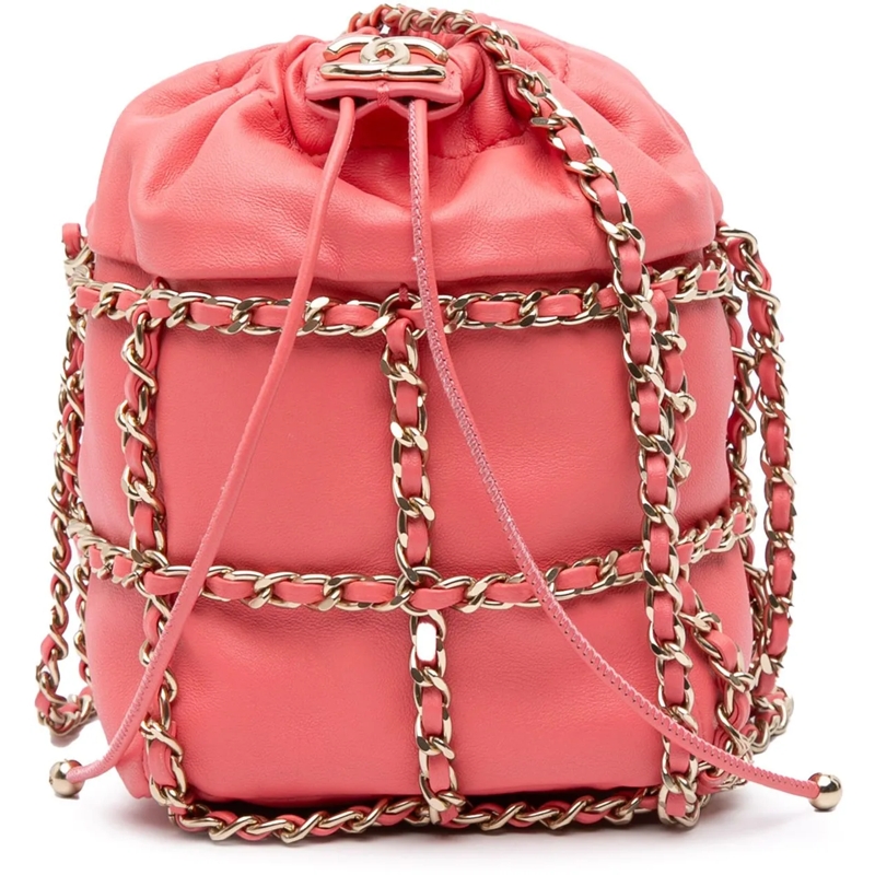 Chanel Sac à bandoulière Lambskin CC Chain Frame Drawstring Bucket Bag rose