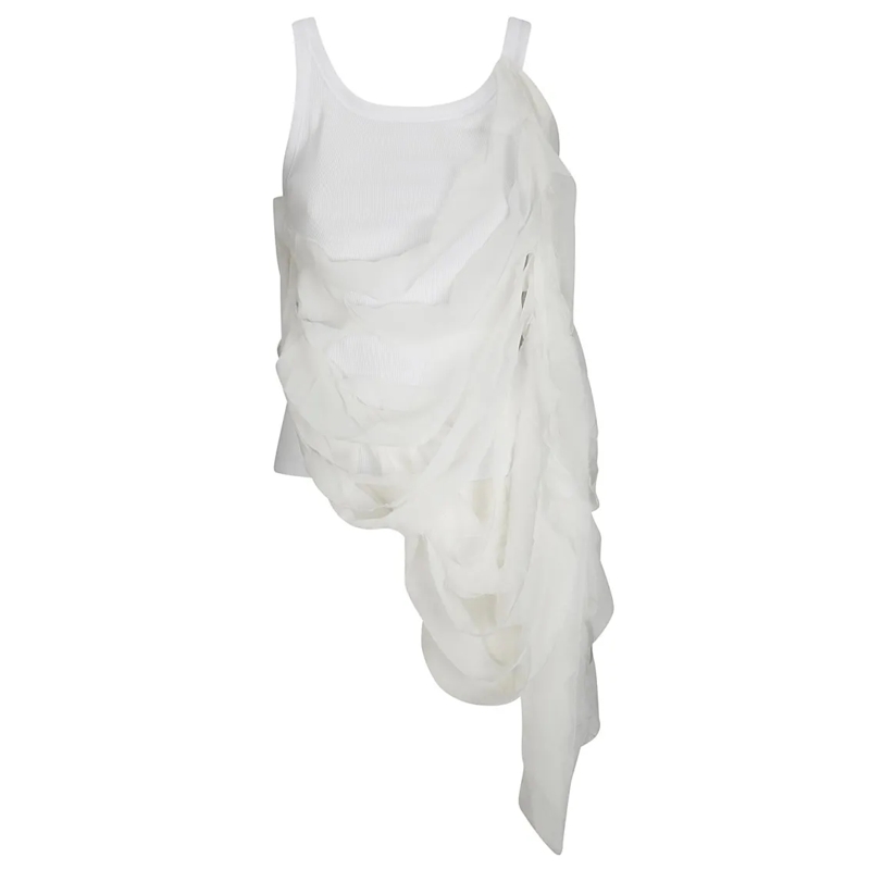 Maria Calderara Bluse Ribbed Sleeveless Cotton Top With Overlapping Inse White