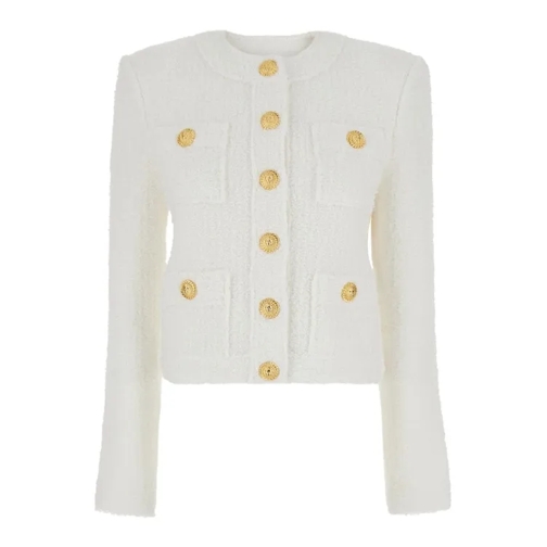 Balmain White Cropped Jacket With Patch Pockets In Tweed White 