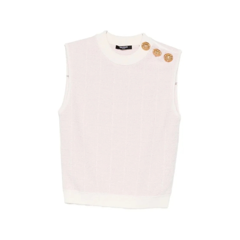 Balmain Blouse Textured Knit Tank Top With Gold-Tone Button Detai Neutrals