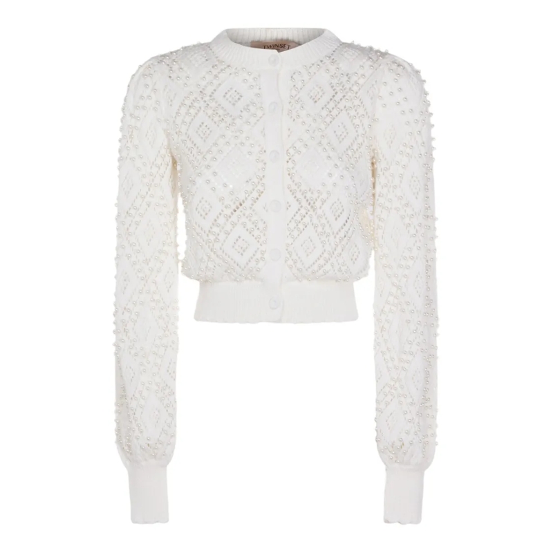 Twin-Set Pull Textured Knit Sweaters With Ribbed Cuffs And Class White