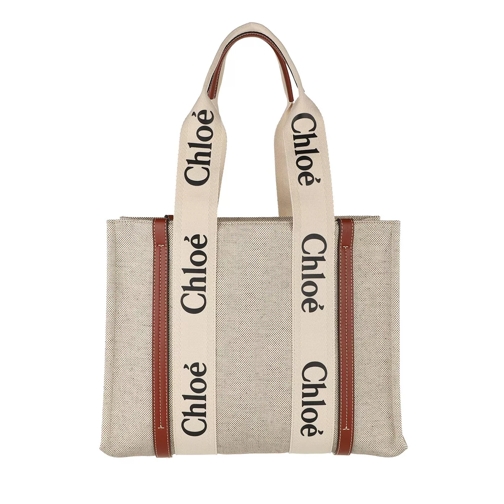 Chloé Medium Woody Shopper Canvas White Brown Shopping Bag