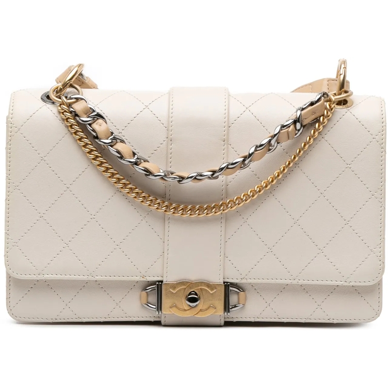 Chanel Schultertasche CC Stitched Calfskin Chain Flap weiß