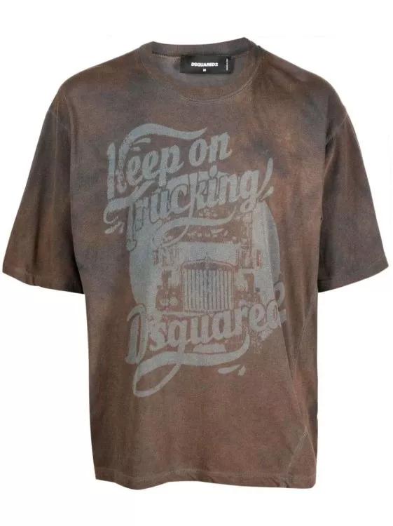 Dsquared2 - Graphic-Print Brown Cotton T-Shirt - Größe XL - gray