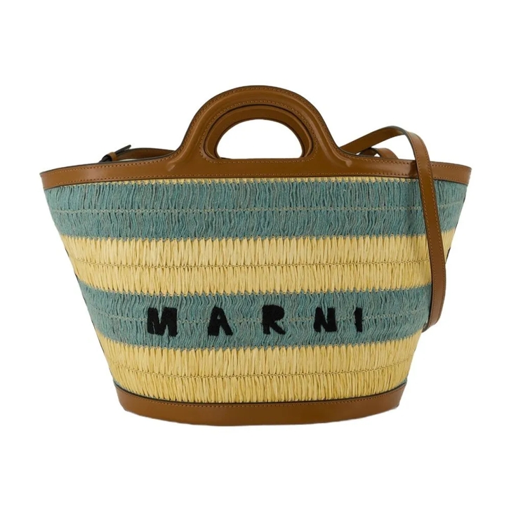 トートバッグ Tropicalia Small Shopping Bag - Marni - Raphia - Multi Tropicalia Small Bag in black leather and raffia-effect