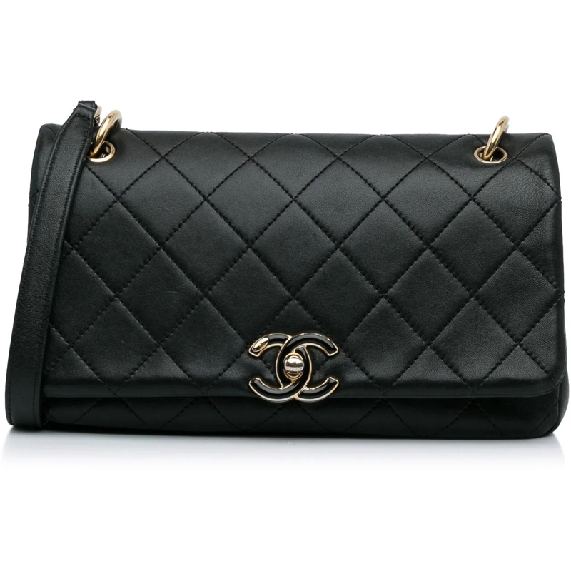 Chanel Schultertasche Large Lambskin Twist Chain Enamel CC Flap schwarz