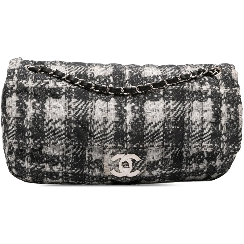 Chanel Schultertasche CC Tweed Print Nylon Single Flap grau