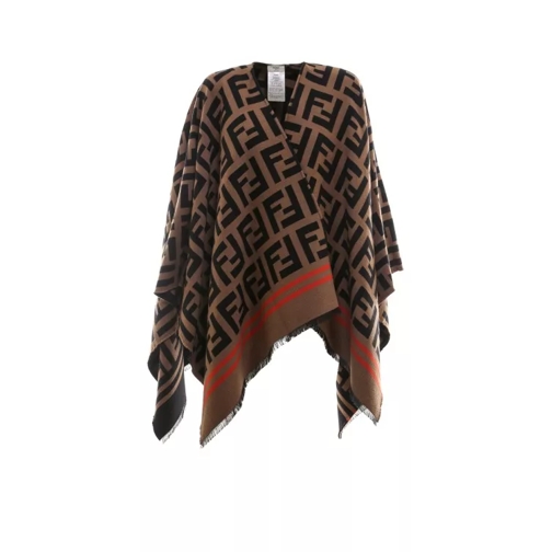 Fendi Wool And Silk Poncho With Ff Pattern Brown 