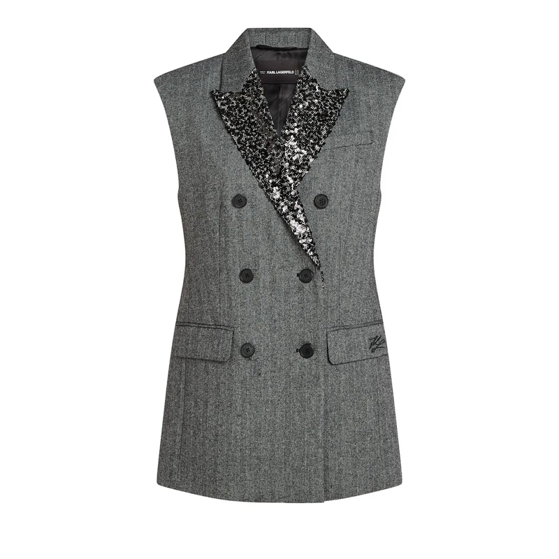 Karl Lagerfeld Weste Tweed-Weste mit Pailletten-Revers grau