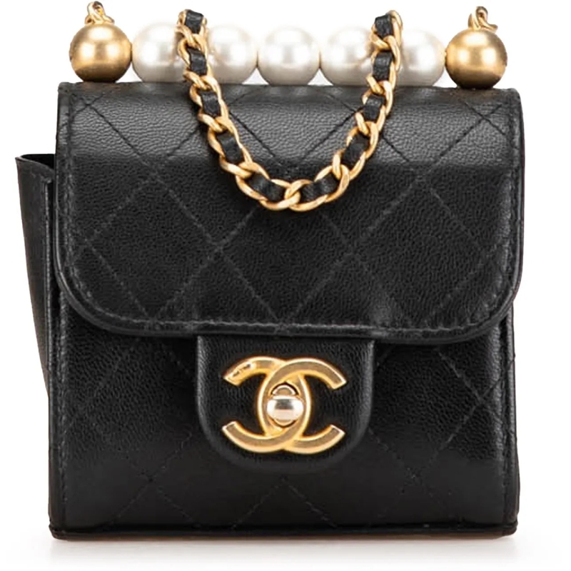 Chanel Pochette Mini Goatskin Chic Pearls Clutch On Chain schwarz