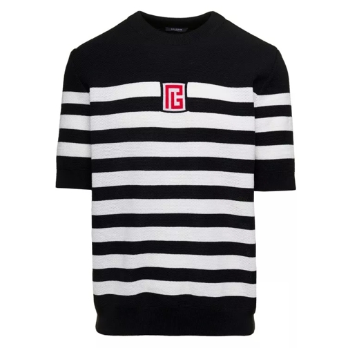 Balmain Black And White Stripe T-Shirt With Logo Embroider Black 