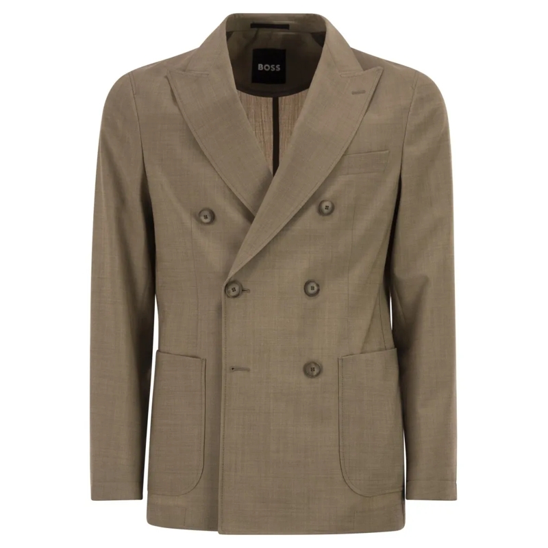 Boss Blazer Double-Breasted Blazer In Virgin Wool Brown