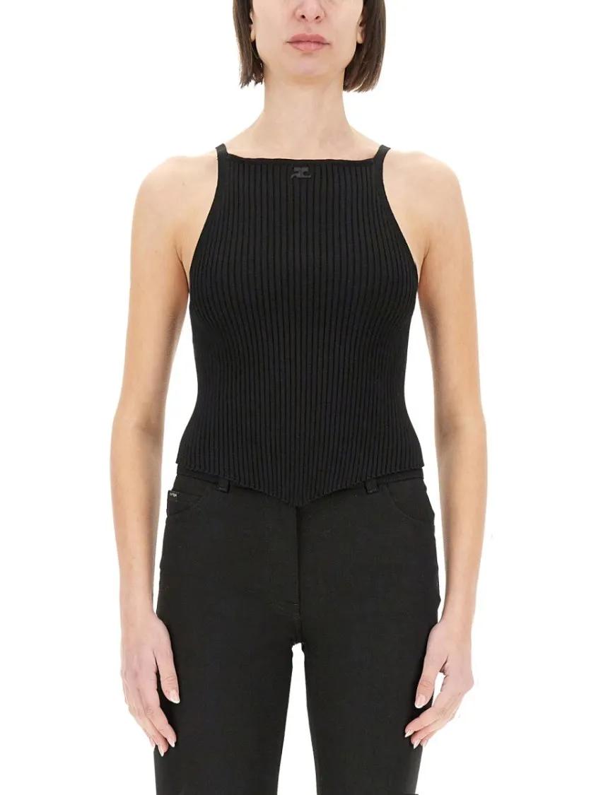 Thumbnail - Courrèges - Fitted Ribbed Tank Top With High Neckline - Größe XS - schwarz