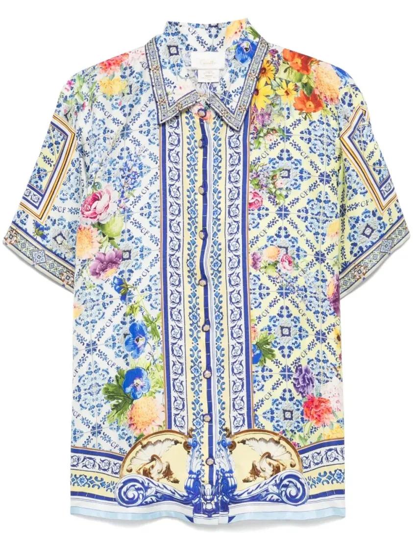 Thumbnail - Camilla - Vibrant Floral Print Silk Shirt With Classic Colla - Größe M - blau