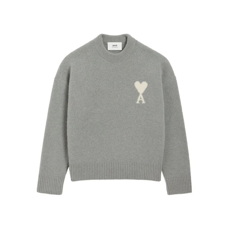 AMI Paris Pull Intarsia-Knit Heart Logo Grey Wool Sweater Grey