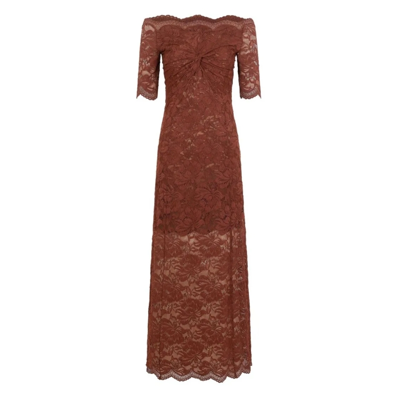 Paco Rabanne Midi-jurk Off-The-Shoulder Brown Midi Dress With Twisted Kno Red