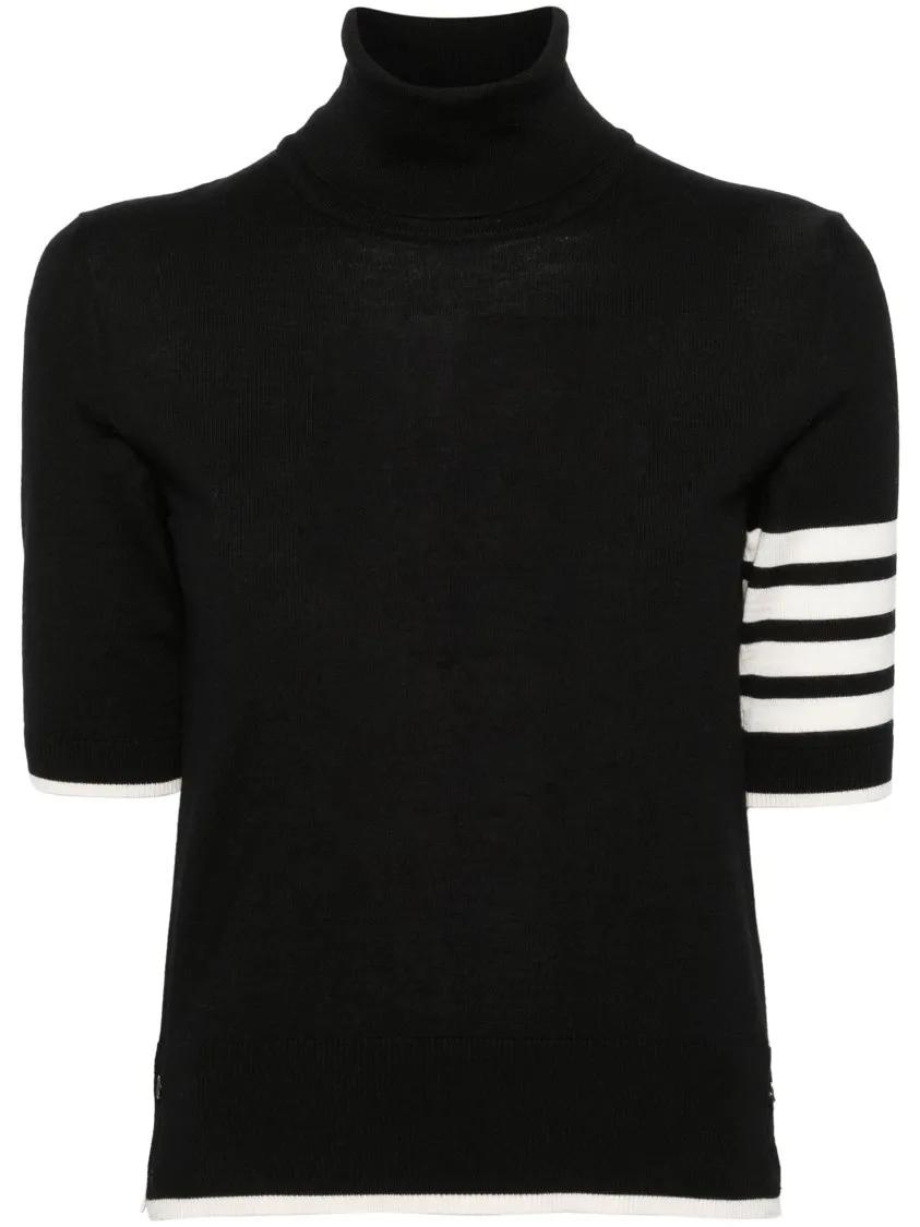 Thom Browne - Black Short Sleeve Sweater With 4-Bar Detail In Wo - Größe 38 - schwarz