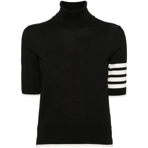 Thom Browne Black Short Sleeve Sweater With 4-Bar Detail In Wo Black Pull