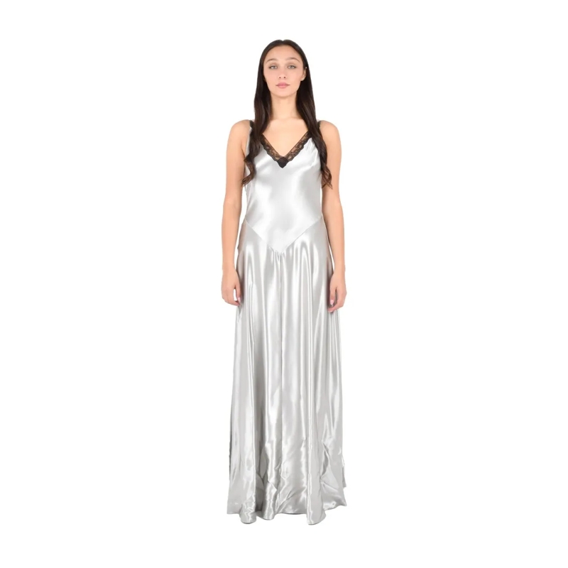 Alberta Ferretti Avondjurk Silver Satin Maxi Dress With Lace Inserts White