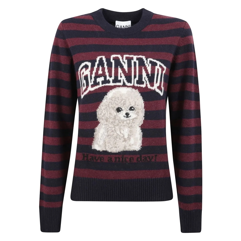 GANNI Pullover Striped Poodle Print Wool Sweater Black