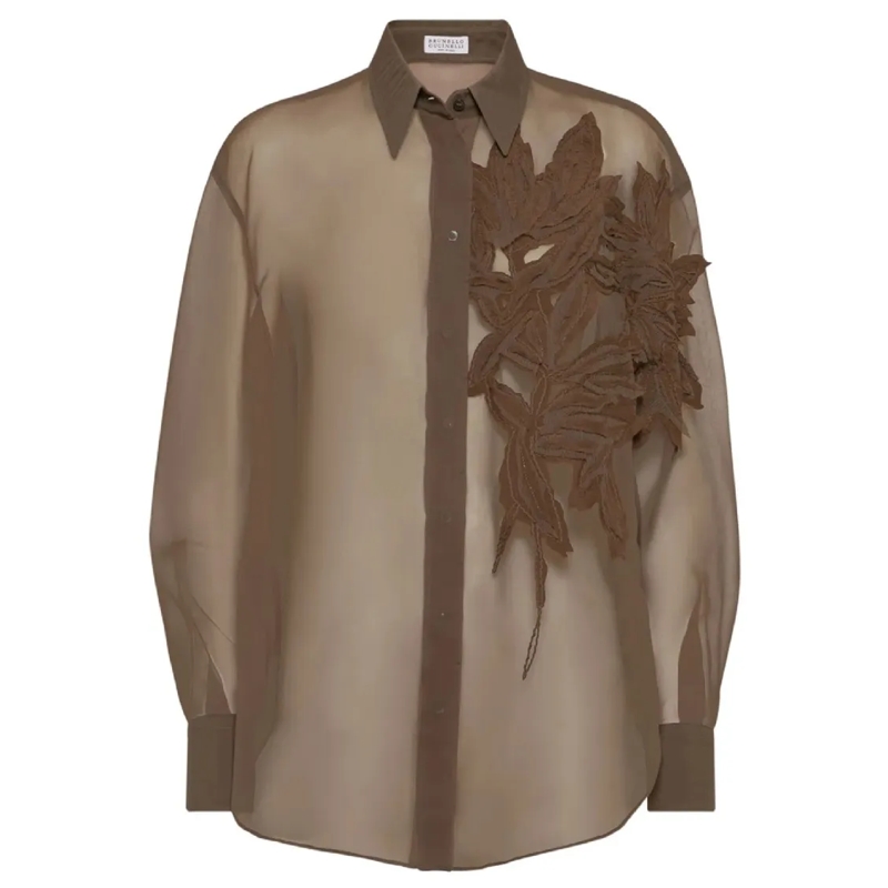 Brunello Cucinelli Hemd Long-Sleeve Sheer Shirt With Embroidered Leaf Desi Brown