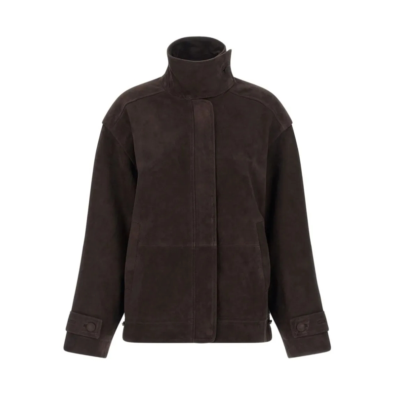 Rotate Leren jas High-Collar Leather Jacket With Boxy Silhouette Brown