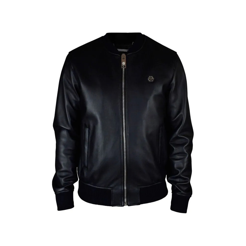Philipp Plein Daunenjacke Smooth Black Leather Bomber Jacket Black