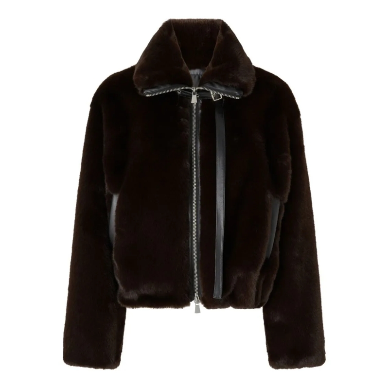 Pinko  Cropped Brown Coat With Faux Fur Texture Black