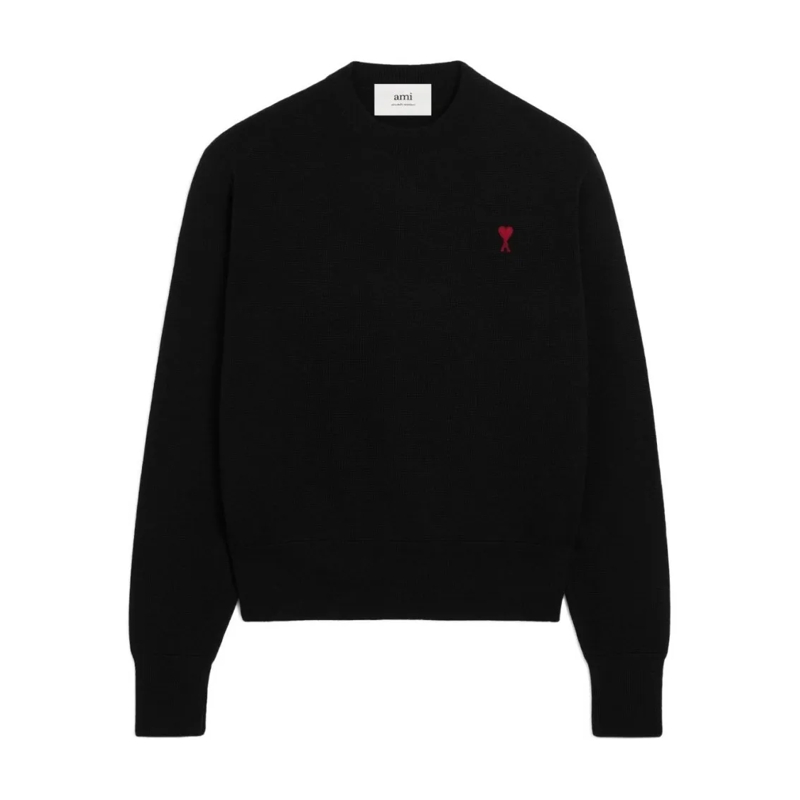 AMI Paris Trui Merino Wool Knit Sweater With Heart Embroidery Black