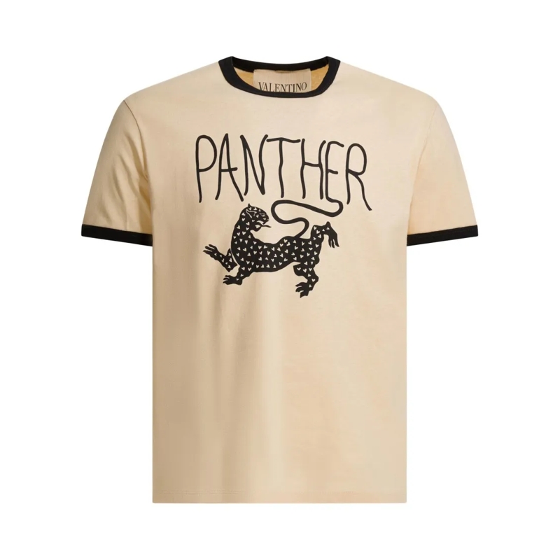 Valentino Garavani T-shirt Beige Panther Graphic Print T-Shirt With Ribbed Tr Neutrals