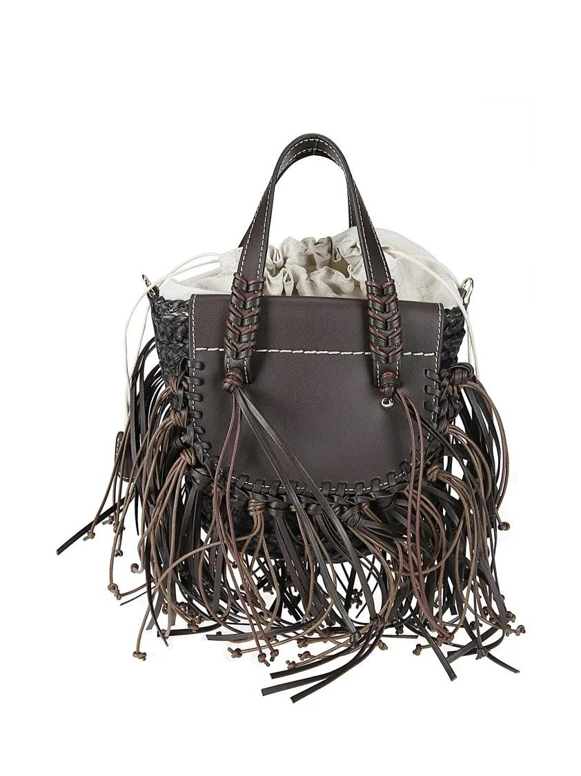 Cuba Lab Shoppers & Totes Handbag In Raffia And Leather With Fringes in bruin
