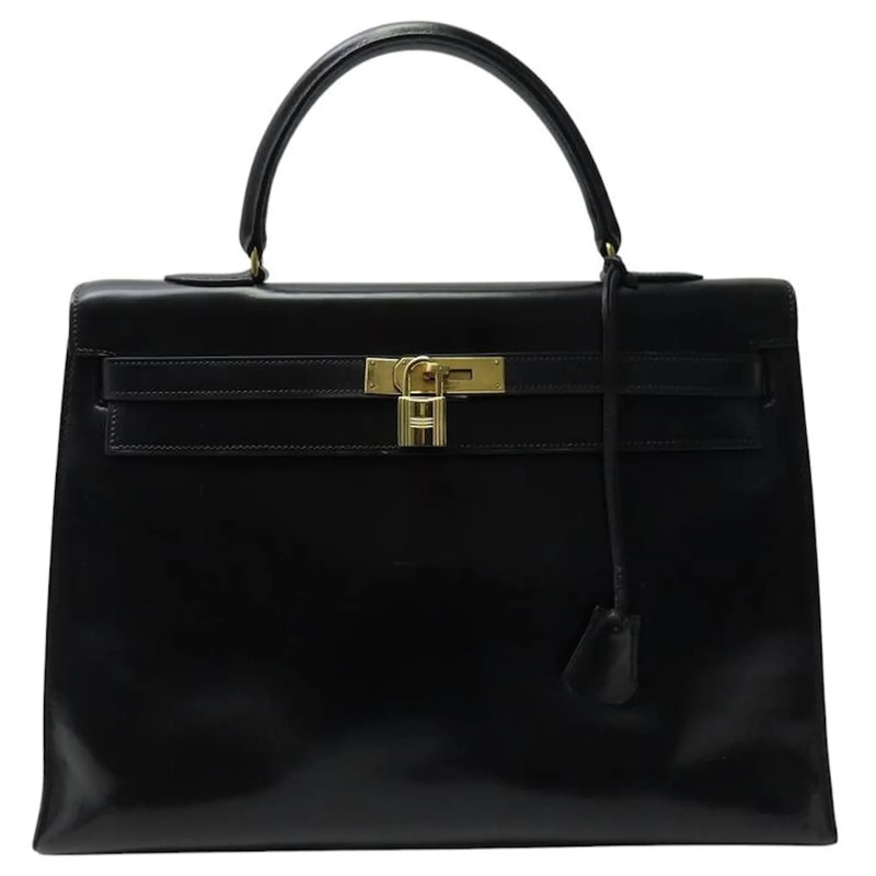 Hermès Schultertasche VINTAGE HERMES KELLY 35 BOX SELLIER HANDTASCHE AUS schwarz
