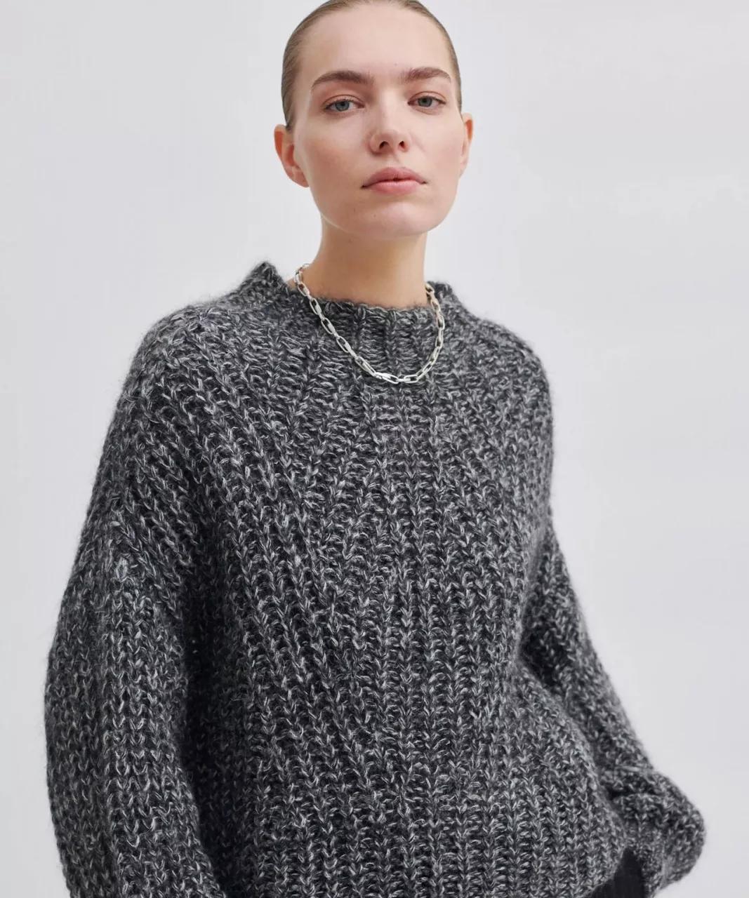 Second Female - Graumelierter Grobstrickpullover, leicht verkürzt - Größe M - multi