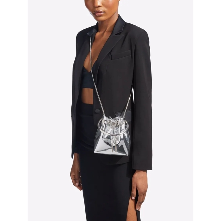 ハンドバッグ Jimmy Choo Silver Drawstring Bag With Circular Handle Jimmy Choo Silver Drawstring Bag With Circular Handle Bucket