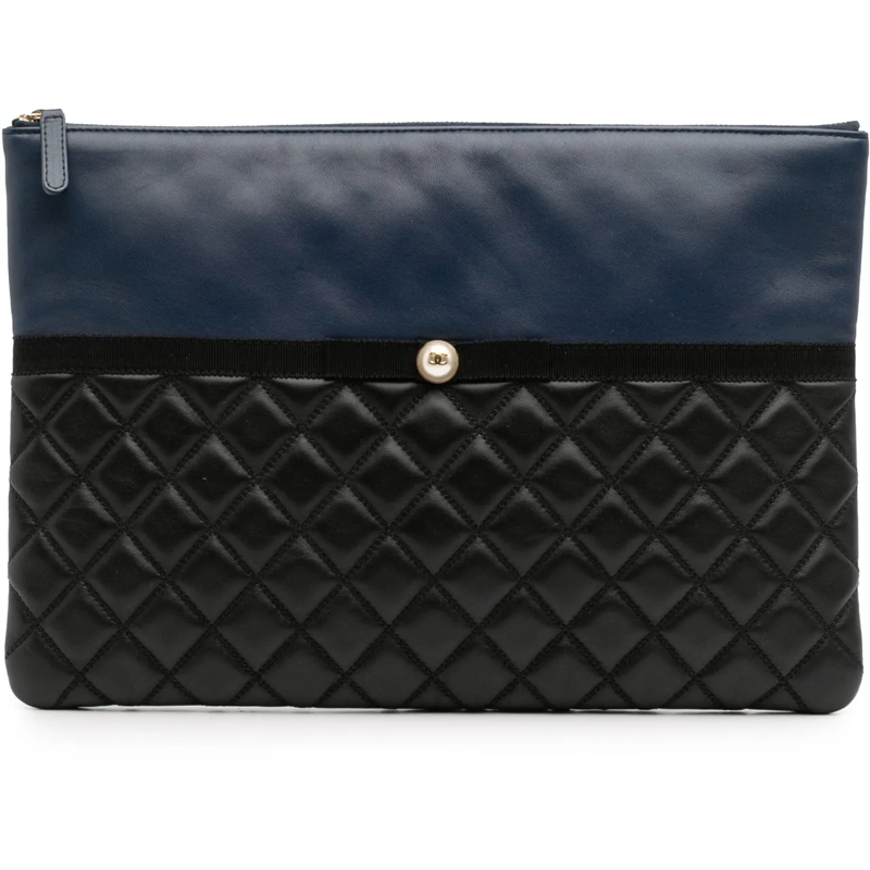 Chanel Pochette Large Bicolor Quilted Leather Pearl O Case Clutch schwarz