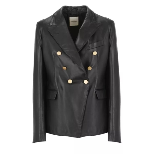 Tagliatore Black Leather Double Breasted Blazer Black 