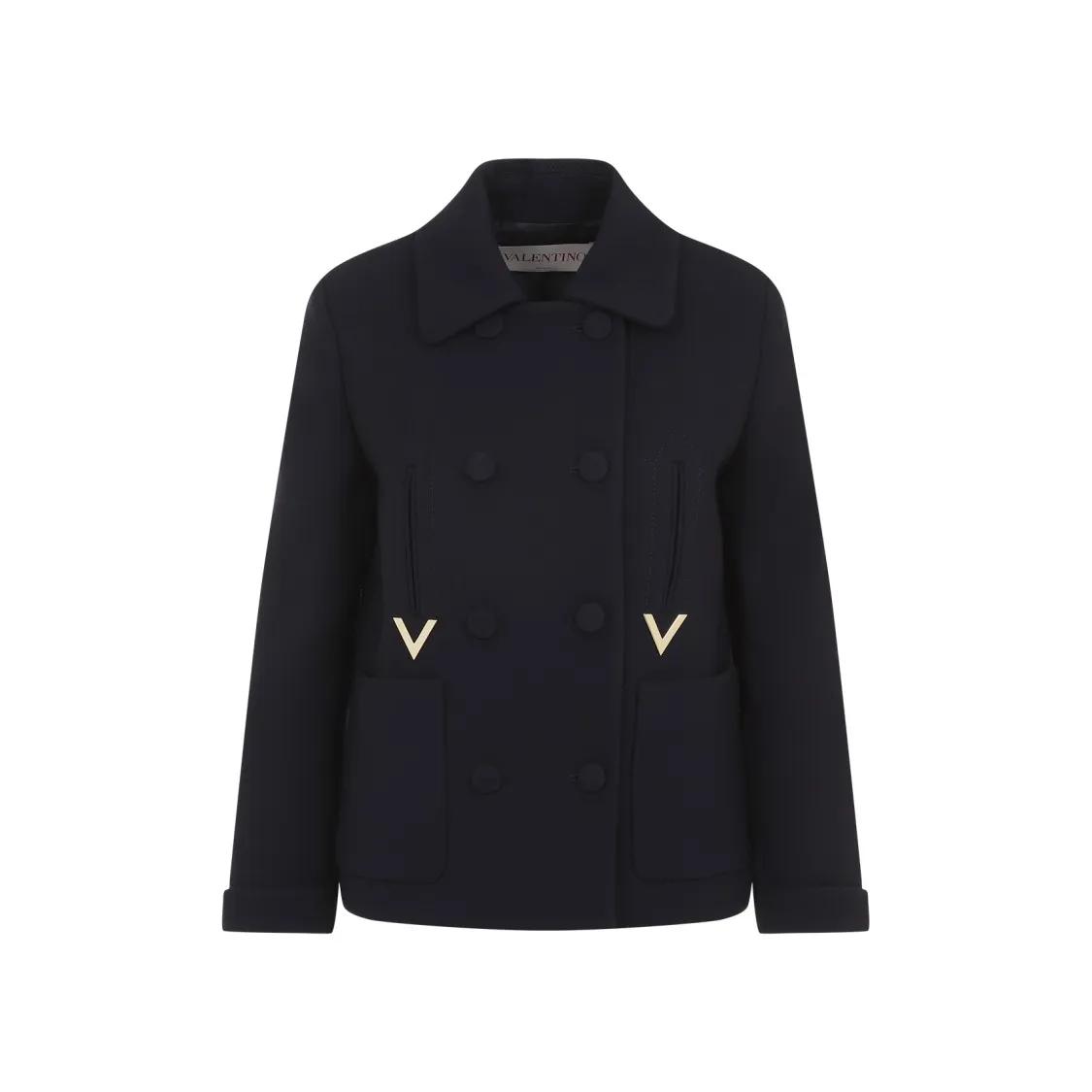 VALENTINO - Metal V Navy Blue Virgin Wool Coat - Größe 38 - blau