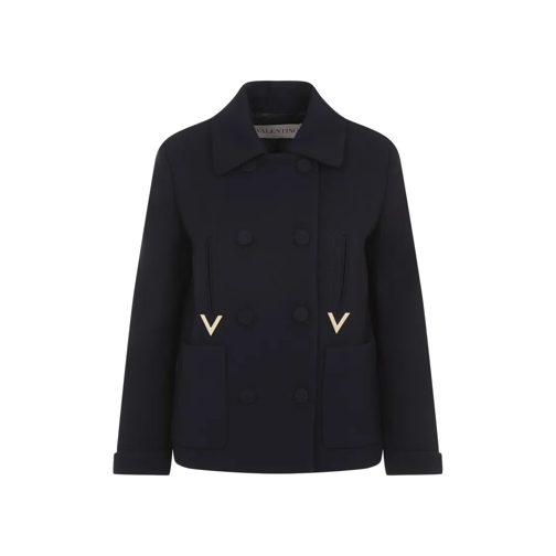 Valentino  Metal V Navy Blue Virgin Wool Coat Blue