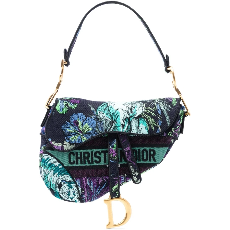 Christian Dior Schultertasche Canvas Embroidered Floral Saddle Bag blau