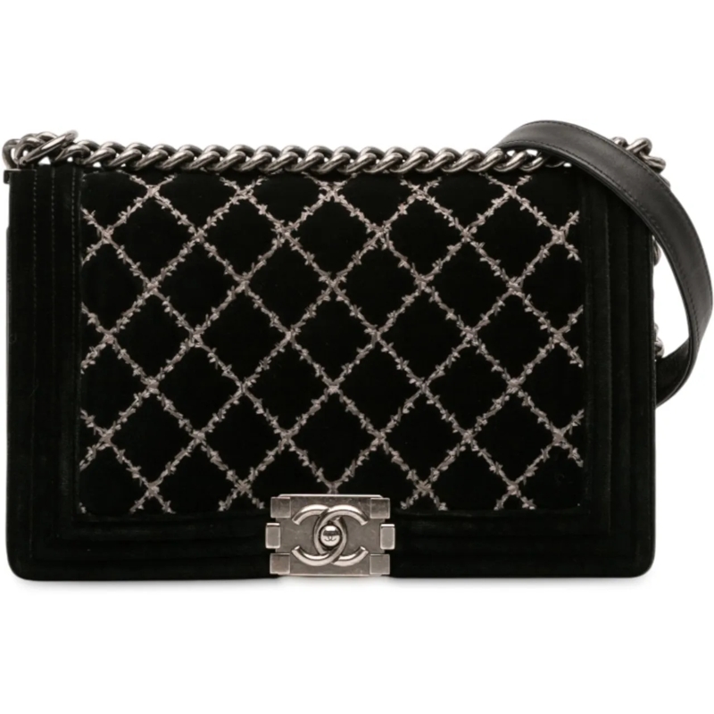 Chanel Sac à bandoulière Medium Quilted Velvet Wild Stitch Boy Flap schwarz