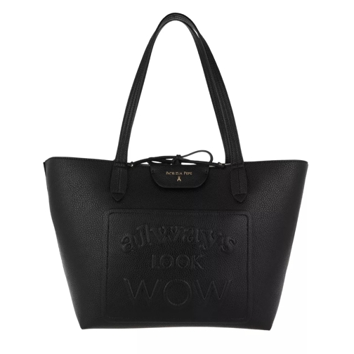Patrizia Pepe Shopping Bag Slogan Print Embossed Black/White Fourre-tout
