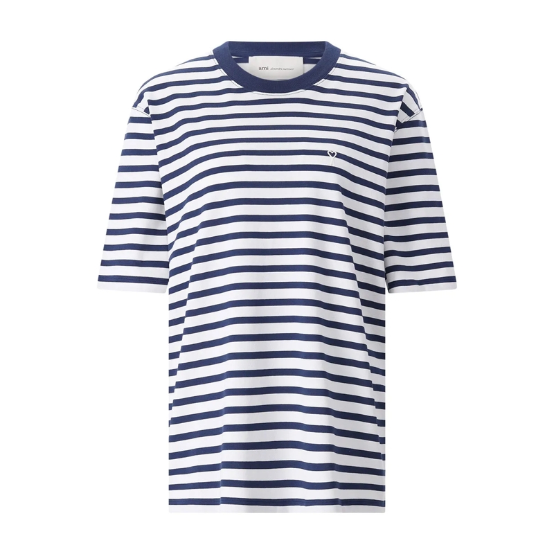 AMI Paris T-Shirt Classic White T-Shirt With Navy Stripe Detail Grey(Image 2)