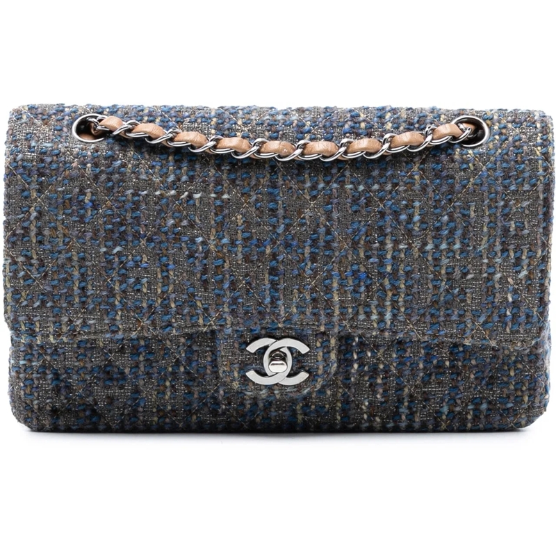 Chanel Schultertasche Medium Classic Tweed Double Flap blau