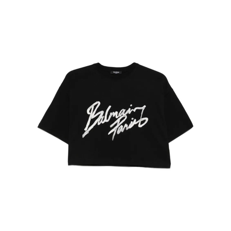 Balmain T-Shirt Cropped Black T-Shirt With Bold White Logo Black