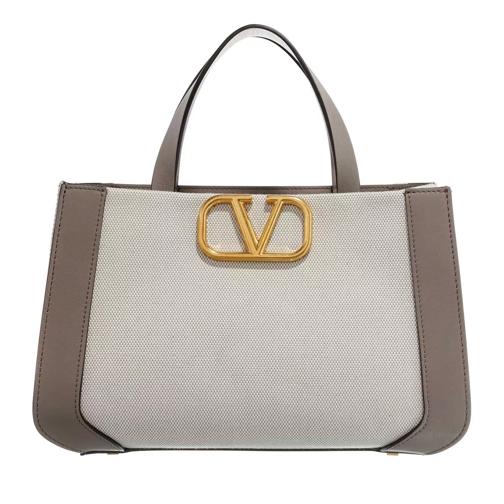 Valentino Garavani Two Tone Canvas And Leather V Logo Handbag  Beige Tote