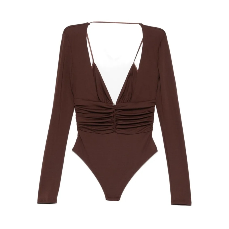 Elisabetta Franchi  Brown Long-Sleeve Top With Deep V-Neckline Black