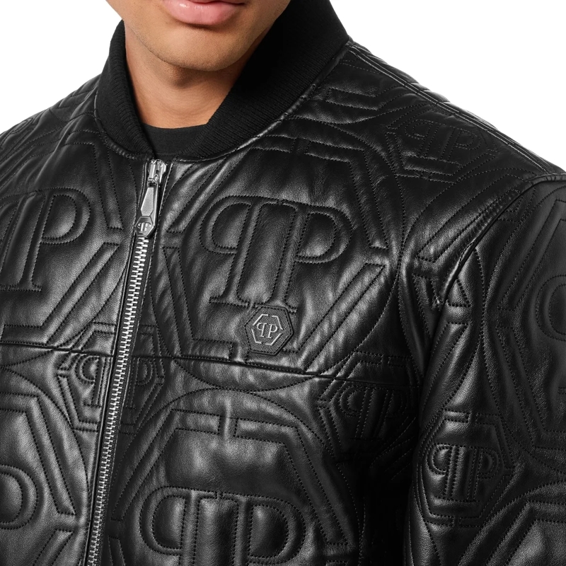 Philipp Plein Lederjacke Leder-Bomber Monogram schwarz(Image 5)