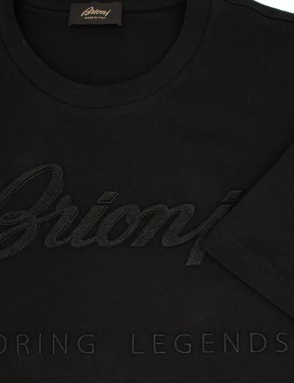 Brioni Black Cotton Crew-Neck Tee With Logo Embroidery Black