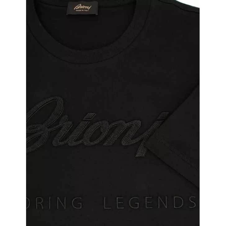 Brioni Black Cotton Crew-Neck Tee With Logo Embroidery Black